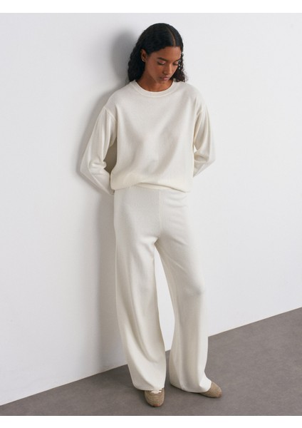 70163 Beli Lastikli Yünlü Triko Pantolon-Ekru