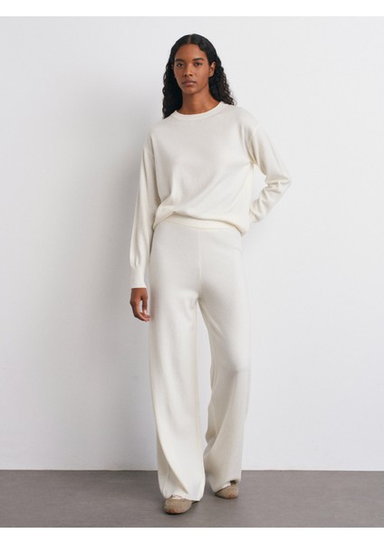 70163 Beli Lastikli Yünlü Triko Pantolon-Ekru modelleri