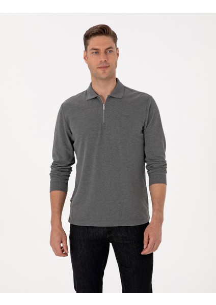 Erkek Antrasit Melanj Slim Fit Kıvrılmaz Fermuarlı Polo Yaka Basic Pike Sweatshirt 50314046-VR081