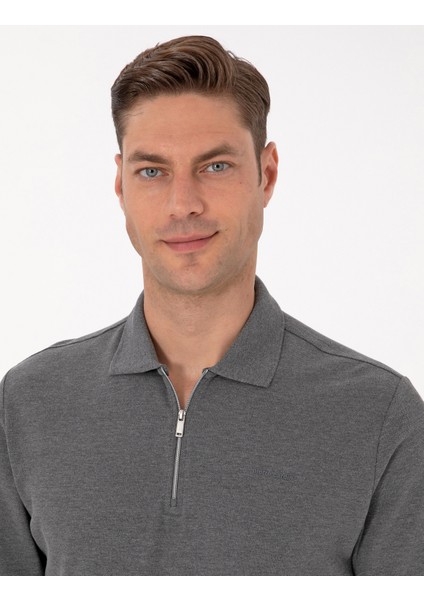 Erkek Antrasit Melanj Slim Fit Kıvrılmaz Fermuarlı Polo Yaka Basic Pike Sweatshirt 50314046-VR081 fiyatları