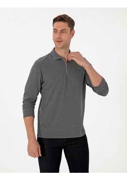 Erkek Antrasit Melanj Slim Fit Kıvrılmaz Fermuarlı Polo Yaka Basic Pike Sweatshirt 50314046-VR081 modelleri