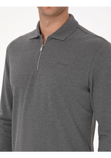 Erkek Antrasit Melanj Slim Fit Kıvrılmaz Fermuarlı Polo Yaka Basic Pike Sweatshirt 50314046-VR081