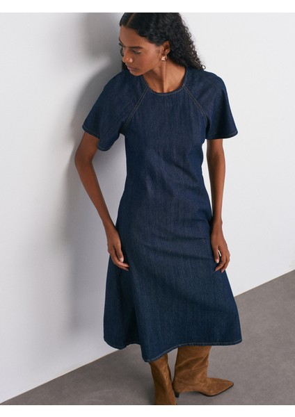 90576 Reglan Kol Uzun Denim Elbise-Lacivert