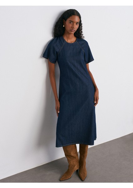 90576 Reglan Kol Uzun Denim Elbise-Lacivert modelleri