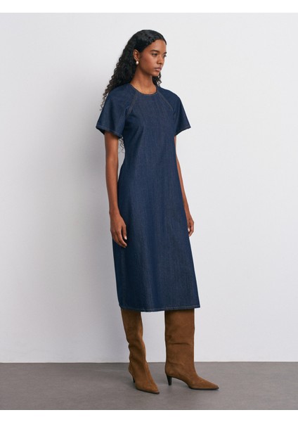 90576 Reglan Kol Uzun Denim Elbise-Lacivert indirimleri