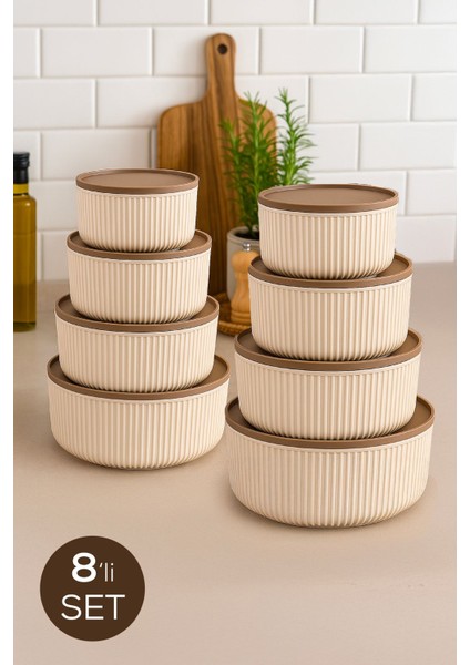 8'li Çizgili Yuvarlak Saklama Kabı Seti Bej
