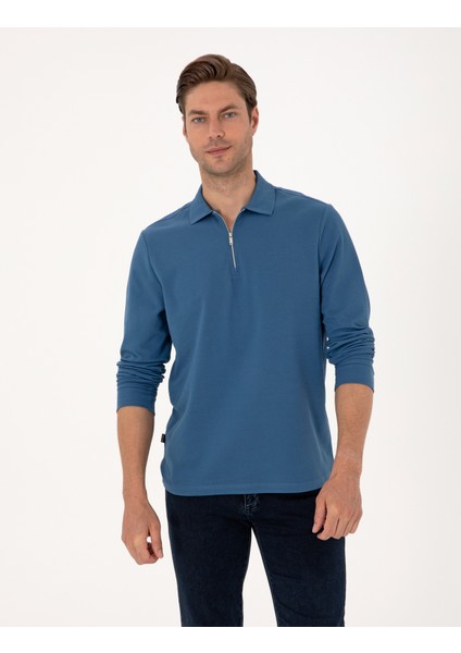 Erkek Açık Lacivert Slim Fit Kıvrılmaz Fermuarlı Polo Yaka Basic Pike Sweatshirt 50314046-VR059