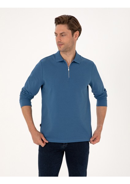Erkek Açık Lacivert Slim Fit Kıvrılmaz Fermuarlı Polo Yaka Basic Pike Sweatshirt 50314046-VR059 modelleri