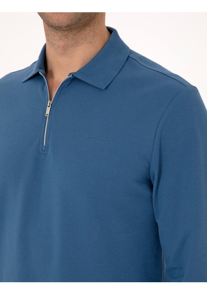 Erkek Açık Lacivert Slim Fit Kıvrılmaz Fermuarlı Polo Yaka Basic Pike Sweatshirt 50314046-VR059