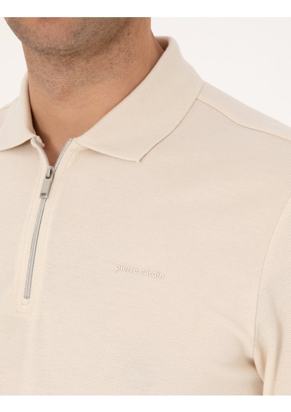 Erkek Bej Slim Fit Kıvrılmaz Fermuarlı Polo Yaka Basic Pike Sweatshirt 50314046-VR011