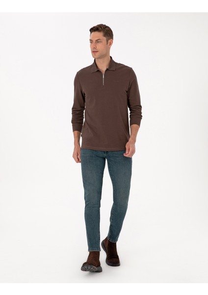 Erkek Koyu Kahverengi Slim Fit Kıvrılmaz Fermuarlı Polo Yaka Basic Pike Sweatshirt 50314046-VR084 fırsatları
