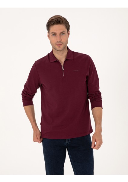 Erkek Bordo Slim Fit Kıvrılmaz Fermuarlı Polo Yaka Basic Pike Sweatshirt 50314046-VR014