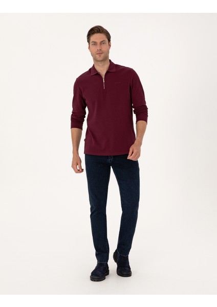 Erkek Bordo Slim Fit Kıvrılmaz Fermuarlı Polo Yaka Basic Pike Sweatshirt 50314046-VR014 fırsatları