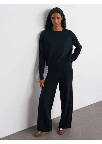 70163 Beli Lastikli Yünlü Triko Pantolon-Siyah