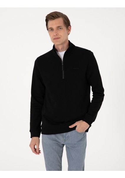 Erkek Siyah 3 Iplik Regular Fit Fermuarlı Dik Yaka Basic Sweatshirt 50314044-VR046