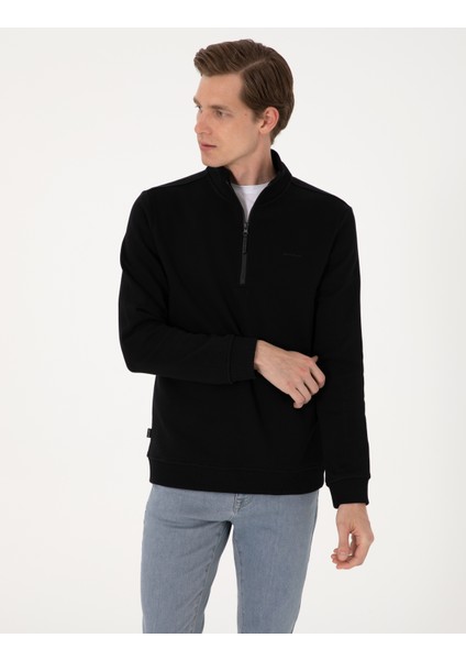 Erkek Siyah 3 Iplik Regular Fit Fermuarlı Dik Yaka Basic Sweatshirt 50314044-VR046 modelleri