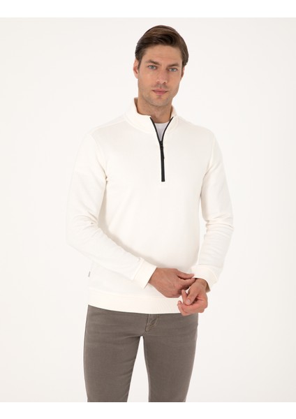 Erkek Ekru 3 Iplik Regular Fit Fermuarlı Dik Yaka Basic Sweatshirt 50314044-VR019