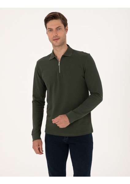 Erkek Koyu Yeşil Slim Fit Kıvrılmaz Fermuarlı Polo Yaka Basic Pike Sweatshirt 50314046-VR079