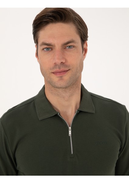 Erkek Koyu Yeşil Slim Fit Kıvrılmaz Fermuarlı Polo Yaka Basic Pike Sweatshirt 50314046-VR079 fiyatları