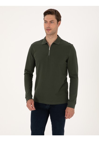 Erkek Koyu Yeşil Slim Fit Kıvrılmaz Fermuarlı Polo Yaka Basic Pike Sweatshirt 50314046-VR079 modelleri
