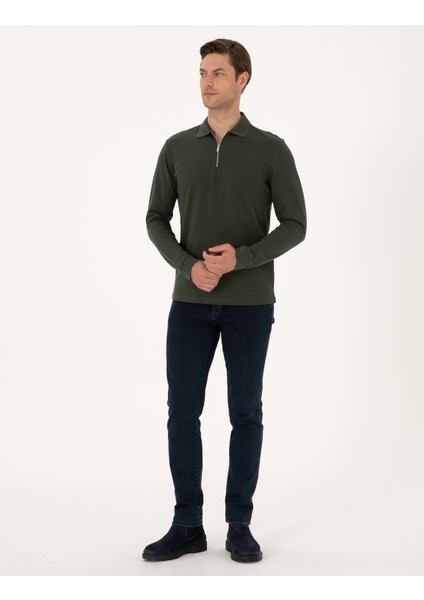 Erkek Koyu Yeşil Slim Fit Kıvrılmaz Fermuarlı Polo Yaka Basic Pike Sweatshirt 50314046-VR079 fırsatları