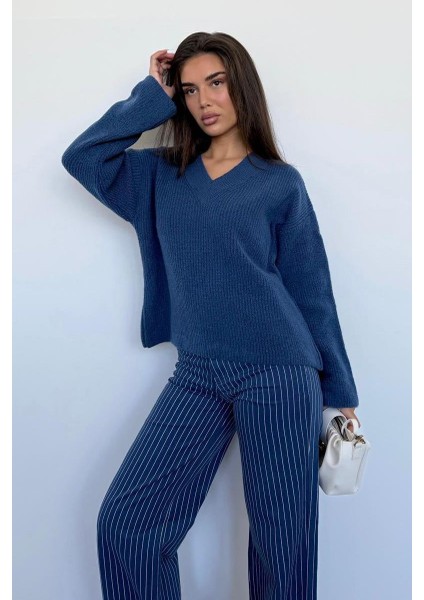 Indigo V Yaka Triko Kadın Kazak MG2501