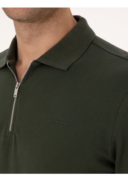 Erkek Koyu Yeşil Slim Fit Kıvrılmaz Fermuarlı Polo Yaka Basic Pike Sweatshirt 50314046-VR079