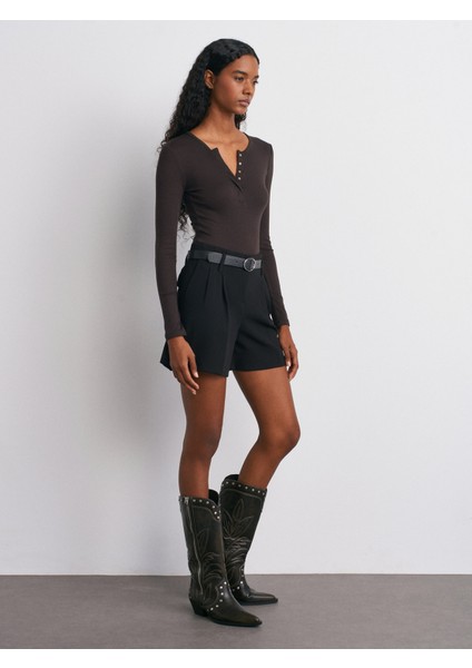 31442 Uzun Kollu Çıtçıt Düğmeli Top-Koyu Kahve indirimleri