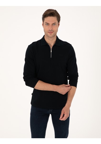 Erkek Siyah Slim Fit Kıvrılmaz Fermuarlı Polo Yaka Basic Pike Sweatshirt 50314046-VR046 modelleri