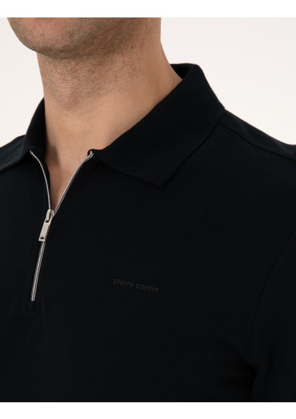 Erkek Siyah Slim Fit Kıvrılmaz Fermuarlı Polo Yaka Basic Pike Sweatshirt 50314046-VR046