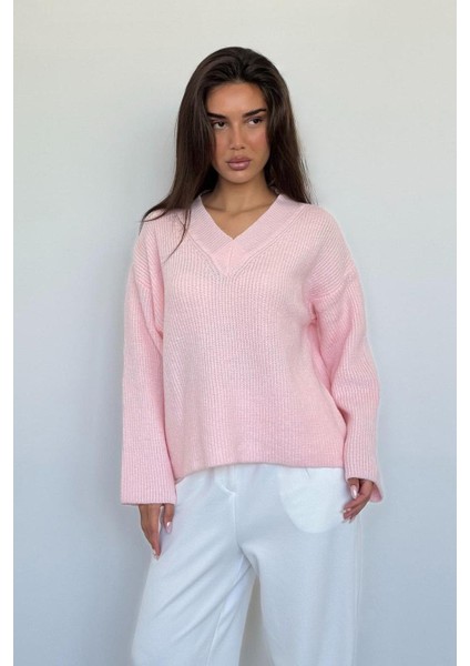 Pembe V Yaka Triko Kadın Kazak MG2501