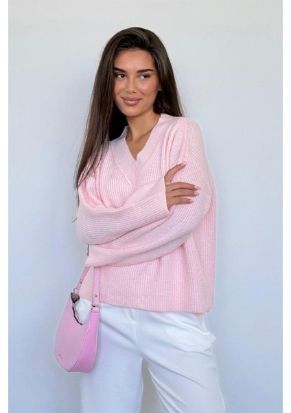 Pembe V Yaka Triko Kadın Kazak MG2501 modelleri