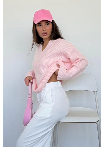 Pembe V Yaka Triko Kadın Kazak MG2501 fırsatları