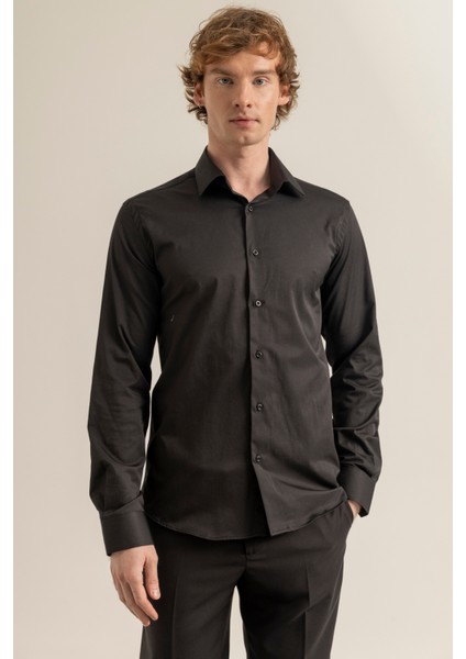Erkek Siyah %100 Pamuk Saten Non-Iron Ütü Istemeyen Casual Cepsiz Modern Fit Gömlek