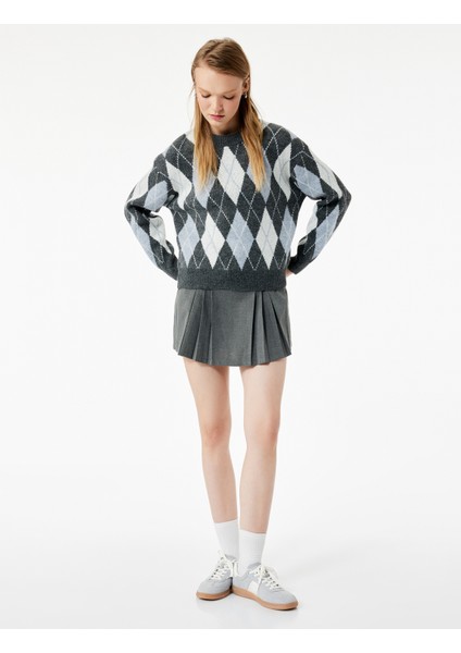 Uzun Kollu Bisiklet Yaka Baklava Desenli Triko Kazak