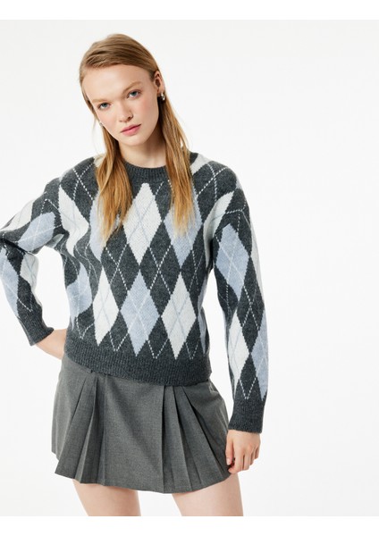 Uzun Kollu Bisiklet Yaka Baklava Desenli Triko Kazak fiyatları