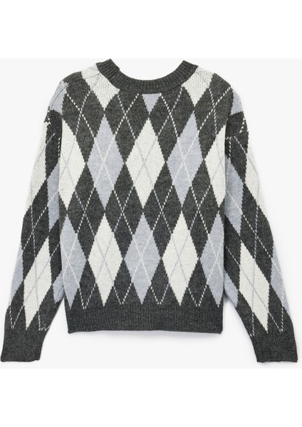 Uzun Kollu Bisiklet Yaka Baklava Desenli Triko Kazak fırsatları