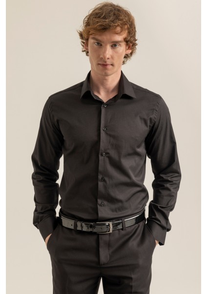 Erkek Siyah %100 Pamuk Saten Non-Iron Ütü Istemeyen Casual Cepsiz Modern Fit Gömlek modelleri