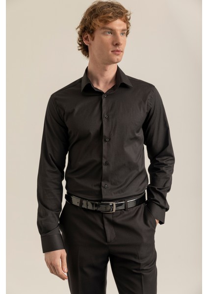 Erkek Siyah %100 Pamuk Saten Non-Iron Ütü Istemeyen Casual Cepsiz Modern Fit Gömlek indirimleri