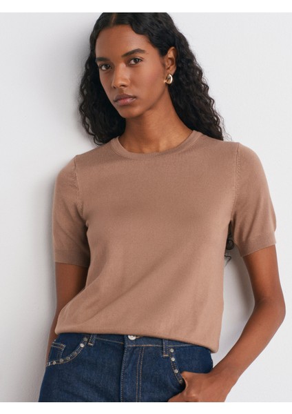 10779 Bisiklet Yaka Kısa Kol Basic Triko Bluz-Koyu Vizon