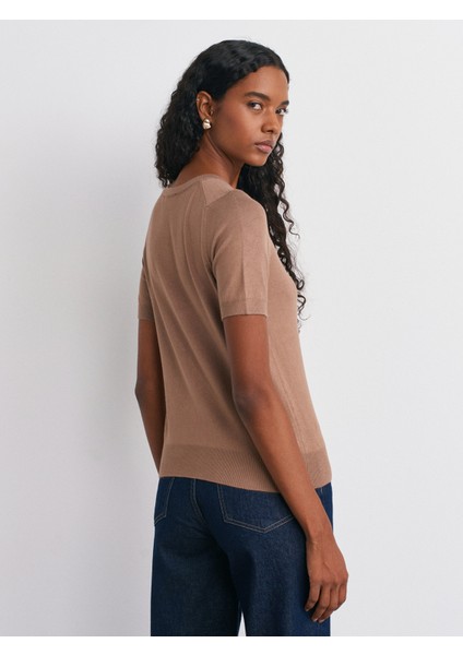 10779 Bisiklet Yaka Kısa Kol Basic Triko Bluz-Koyu Vizon fiyatları