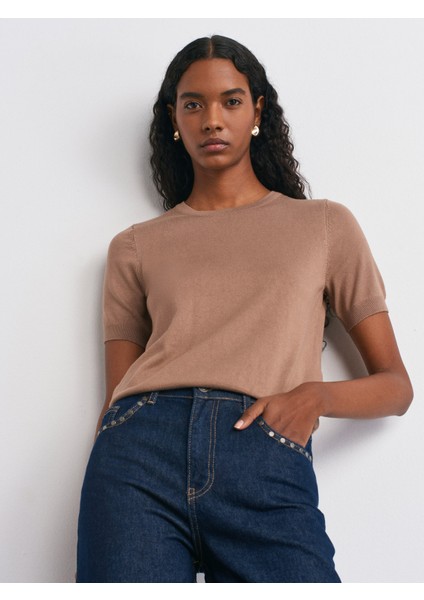 10779 Bisiklet Yaka Kısa Kol Basic Triko Bluz-Koyu Vizon modelleri