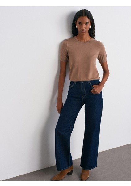 10779 Bisiklet Yaka Kısa Kol Basic Triko Bluz-Koyu Vizon indirimleri