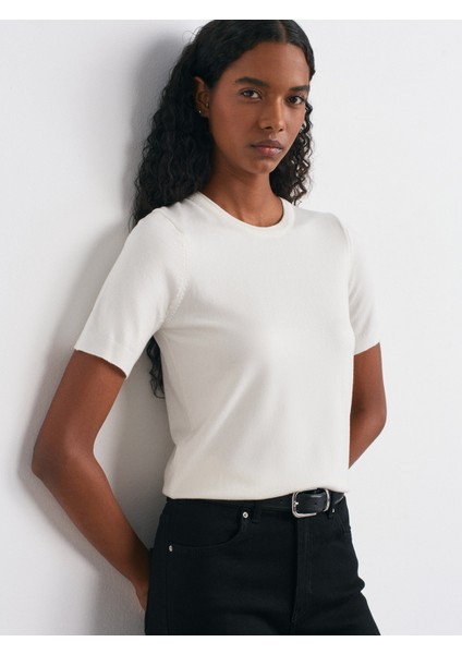10779 Bisiklet Yaka Kısa Kol Basic Triko Bluz-Ekru