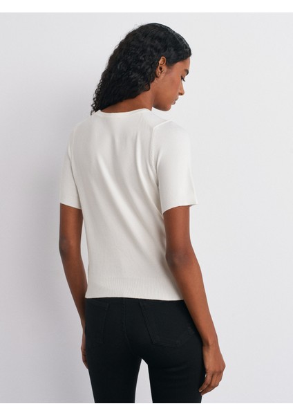 10779 Bisiklet Yaka Kısa Kol Basic Triko Bluz-Ekru fiyatları