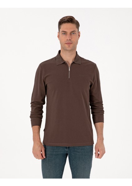 Erkek Koyu Kahverengi Slim Fit Kıvrılmaz Fermuarlı Polo Yaka Basic Pike Sweatshirt 50314046-VR084