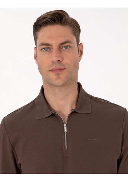 Erkek Koyu Kahverengi Slim Fit Kıvrılmaz Fermuarlı Polo Yaka Basic Pike Sweatshirt 50314046-VR084 fiyatları