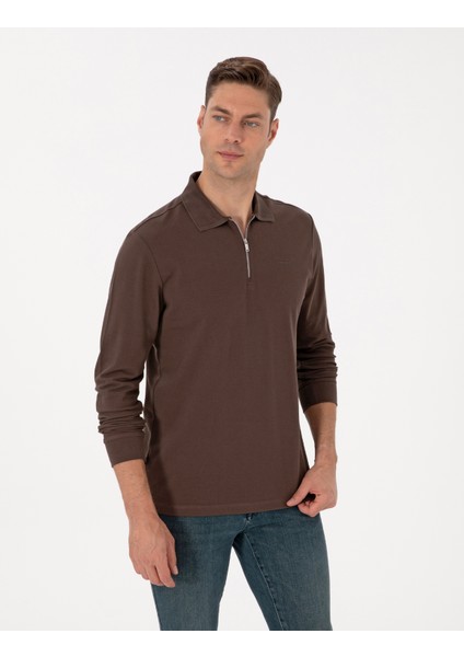 Erkek Koyu Kahverengi Slim Fit Kıvrılmaz Fermuarlı Polo Yaka Basic Pike Sweatshirt 50314046-VR084 modelleri