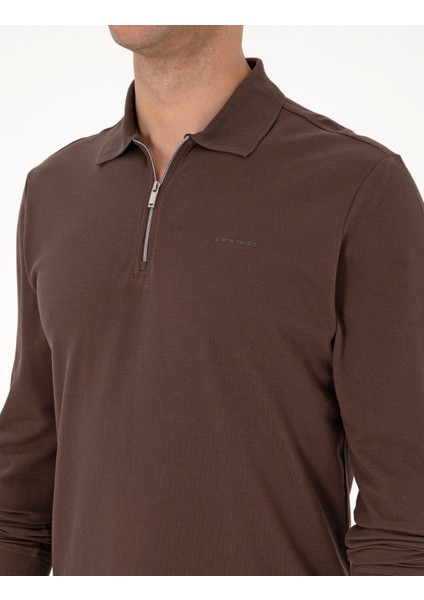 Erkek Koyu Kahverengi Slim Fit Kıvrılmaz Fermuarlı Polo Yaka Basic Pike Sweatshirt 50314046-VR084