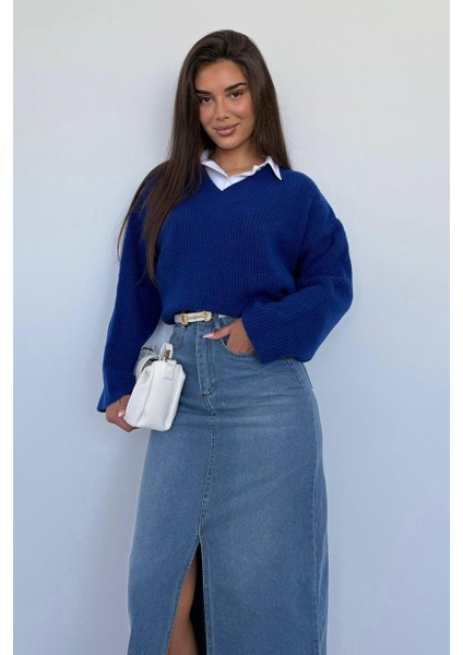 Saks V Yaka Triko Kadın Kazak MG2501